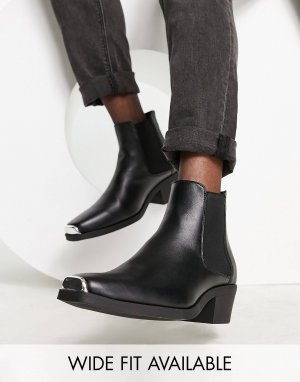 Черные ботинки челси на каблуке в стиле вестерн DESIGN из искусственной кожи с металлической фурнитурой Asos