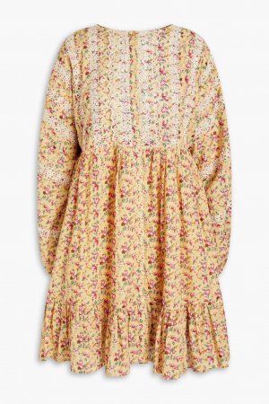 Платье-рубашка мини из хлопка со сборками и цветочным принтом, горчица byTiMo