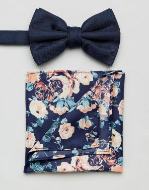 Темно-синий галстук-бабочка и платок-паше с цветочным принтом New Look. Цвет: мульти