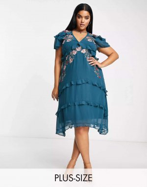 Изумрудное платье миди с оборками и вышивкой Hope & Ivy Plus