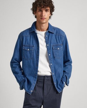 Однотонная мужская джинсовая рубашка синего цвета , синий Pepe Jeans
