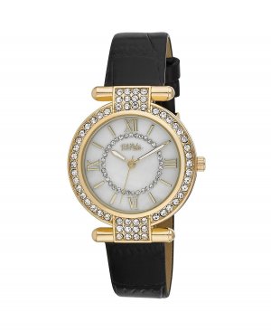 Женские часы с Т-образной планкой, черный полиуретановый ремешок, инкрустированный камнями, 35 мм , Bob Mackie