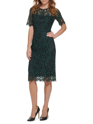 Кружевное платье-футляр с коротким рукавом , темно-зеленый Eliza J