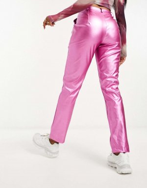Розовые прямые брюки из полиуретана с эффектом металлик Heartbreak. Цвет: розовый