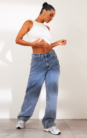 Винтажные джинсы-бойфренды средней степени стирки с глубоким поясом сзади PrettyLittleThing