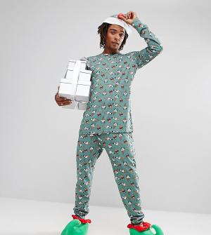 Пижама с новогодним принтом и конусообразной шапкой Chelsea Peers. Цвет: зеленый