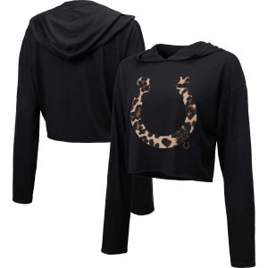 Женский укороченный пуловер с капюшоном черного цвета леопардовым принтом Threads Indianapolis Colts Majestic