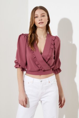 Сливовая двубортная стильная блузка с поясом и рюшами , фиолетовый Trendyol