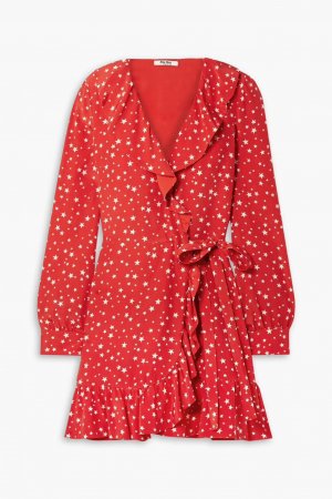 Платье мини с запахом и шелковым крепом принтом оборками , цвет Tomato red Miu