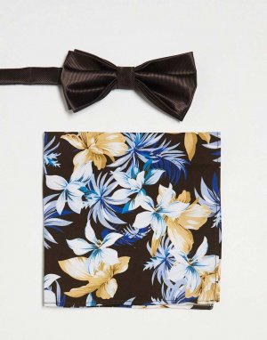 Коричневый галстук-бабочка и нагрудный платок с цветочным принтом Devils Advocate