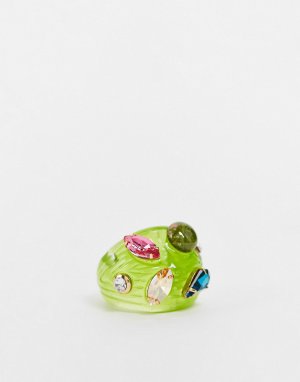Ребристое полимерное кольцо лаймового цвета со стразами -Зеленый цвет DesignB London