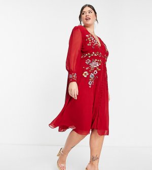 Чайное платье миди красного цвета с длинными рукавами и вышивкой -Красный Hope & Ivy Plus
