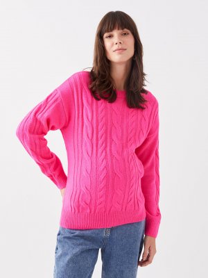 Трикотажный свитер для беременных с круглым вырезом и длинным рукавом узором , фуксия LCWAIKIKI Maternity