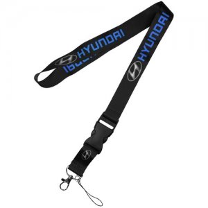 Тканевый шнурок на шею для ключей Hyundai / Тканевая лента Ланьярд с карабином Хендай Mashinokom. Цвет: синий/черный