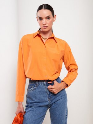 Простая женская рубашка-туника из поплина с длинными рукавами и рукавами, матовый оранжевый LCW Modest