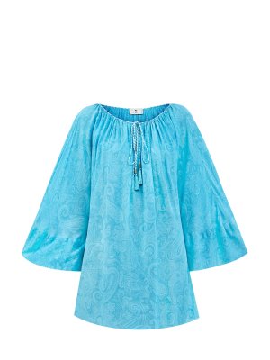 Легкая блуза с плетеными кисточками и принтом в тон ETRO. Цвет: голубой