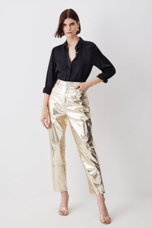 Приталенные брюки прямого кроя из искусственной кожи цвета металлик , золото Karen Millen
