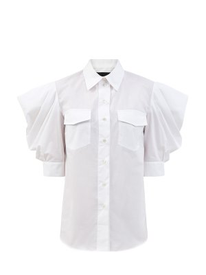 Хлопковая блуза с короткими архитектурными рукавами ROCHAS. Цвет: белый