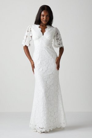 Кружевное свадебное платье «рыбий хвост» с рукавами ангела , белый Coast