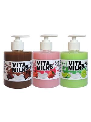 Жидкое мыло в наборе, ароматы:  Шоколад, Клубника, Лайм VITA-MILK. Цвет: салатовый, розовый, светло-коричневый