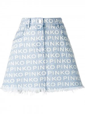 Джинсовая юбка с бахромой и логотипом Pinko. Цвет: синий