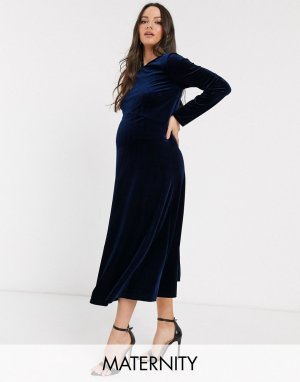 Темно-синее приталенное бархатное платье миди -Темно-синий TFNC Maternity