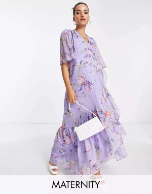 Пурпурное платье макси с развевающимися рукавами и запахом Hope & Ivy для беременных Maternity