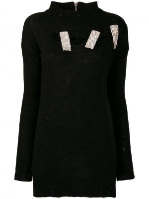 Рваный вязаный свитер с декором из стразов Marco Bologna. Цвет: черный