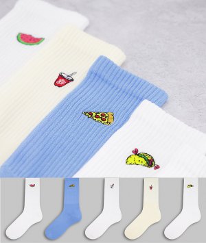 Набор из 5 пар многоцветных носков без пятки с вышивкой еды -Разноцветный Topman