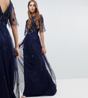 Платье макси с декорированным топом и короткими рукавами Amelia Rose Tall. Цвет: темно-синий