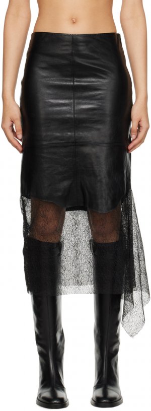 Черная кожаная юбка-миди со вставками Helmut Lang