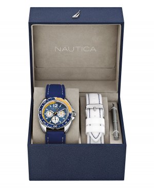 Мужской набор для часов N09915G со спортивным кольцом, многофункциональным темно-синим полимерным ремешком и белым Nautica