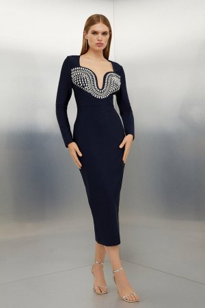 Фигурная форма Повязка Украшенное трикотажное платье миди , темно-синий Karen Millen