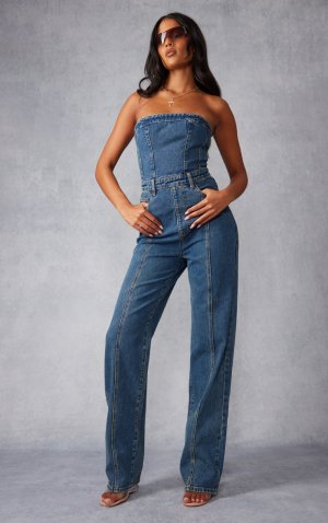 Высокий джинсовый комбинезон-бандо в винтажном стиле цвета индиго с прямыми штанинами PrettyLittleThing
