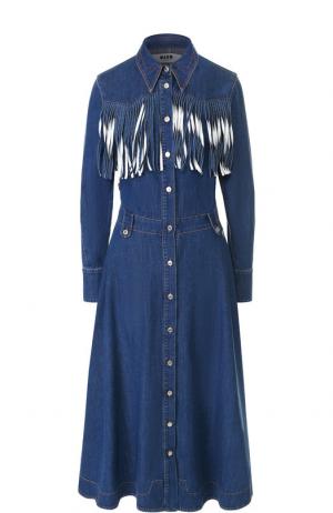 Джинсовое платье-миди с бахромой MSGM. Цвет: синий