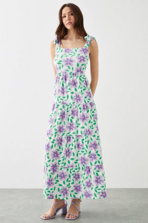 Большое сиреневое многоярусное платье макси с завязками на плечах и цветочным принтом , фиолетовый Dorothy Perkins