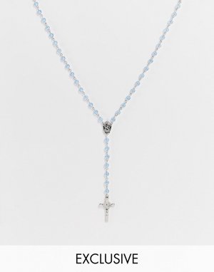 Серебристое ожерелье-четки в стиле унисекс с голубыми бусинами и подвеской-крестом Inspired-Серебристый Reclaimed Vintage