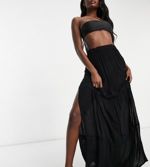 Ярусная пляжная юбка макси из жатой ткани черного цвета от комплекта ASOS DESIGN Tall-Черный цвет Tall