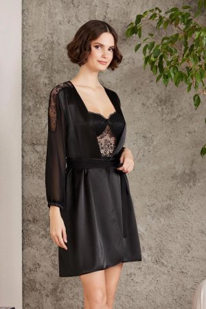 Женская черная шелковая короткая атласная ночная рубашка халат пижамный комплект шорты 6 шт.-6005 Pierre Cardin