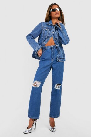 Прямые джинсы с высокой посадкой и рваными штанинами basics , синий Boohoo