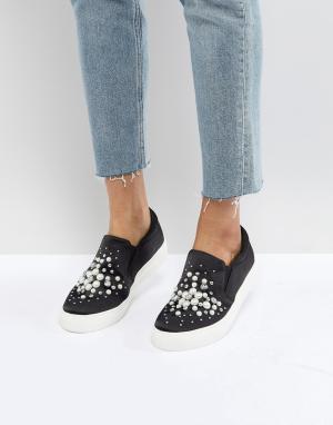 Атласные кроссовки-слипоны с искусственным жемчугом -Черный New Look