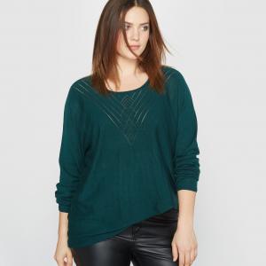 Пуловер с круглым вырезом, ажурная вязка. CASTALUNA. Цвет: темно-зеленый,черный