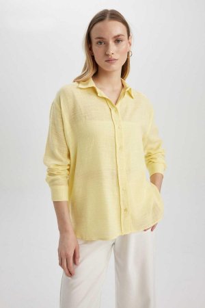 Льняная рубашка оверсайз с длинными рукавами , желтый DeFacto