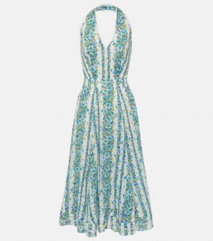 Хлопковое платье миди beth с воротником-халтер и цветочным принтом, синий Poupette St Barth