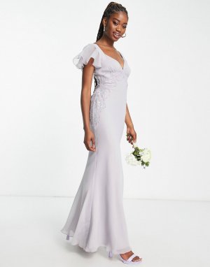 Сиреневое платье макси с расклешенными рукавами и юбкой по косой ASOS DESIGN Bridesmaid