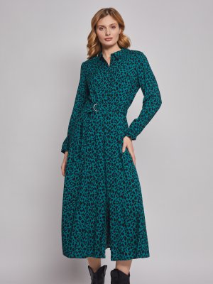 Платье-рубашка с леопардовым принтом zolla. Цвет: темно-зеленый