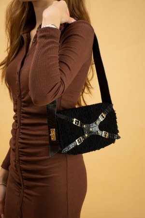 Женская сумка на плечо с регулируемым ремешком из искусственного меха узором крокодила BAG5005-23 Pembe Potin