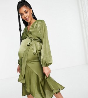 Атласное платье миди оливкового цвета на запахе -Зеленый цвет Flounce London Maternity