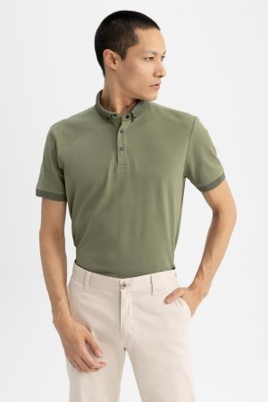 Хлопковая футболка с короткими рукавами и воротником-поло Slim Fit, хаки DeFacto