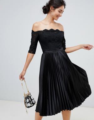 Черное платье миди с кружевным верхом и плиссированной юбкой -Черный Chi London